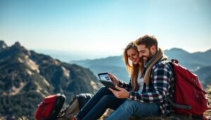 Couple de voyageurs consultant une assurance voyage sur une tablette devant un panorama de montagne