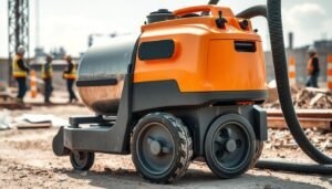 Aspirateur de chantier professionnel en action sur un site de construction