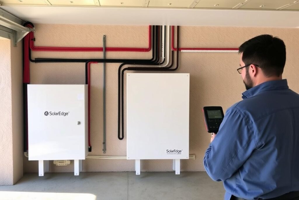 Batterie de stockage SolarEdge Home installée dans un garage résidentiel Batterie de stockage SolarEdge Home installée dans un garage résidentiel