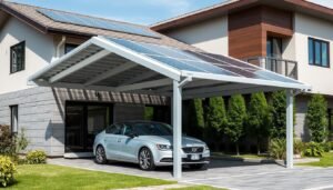 Carport panneau solaire moderne installé devant une maison avec une voiture garée dessous
