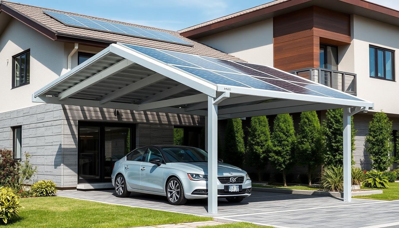 Carport panneau solaire moderne installé devant une maison avec une voiture garée dessous