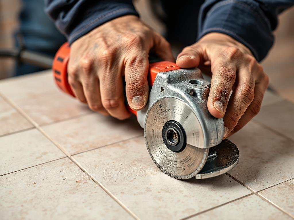 Carreleur utilisant un disque diamant pour découper des carreaux de céramique