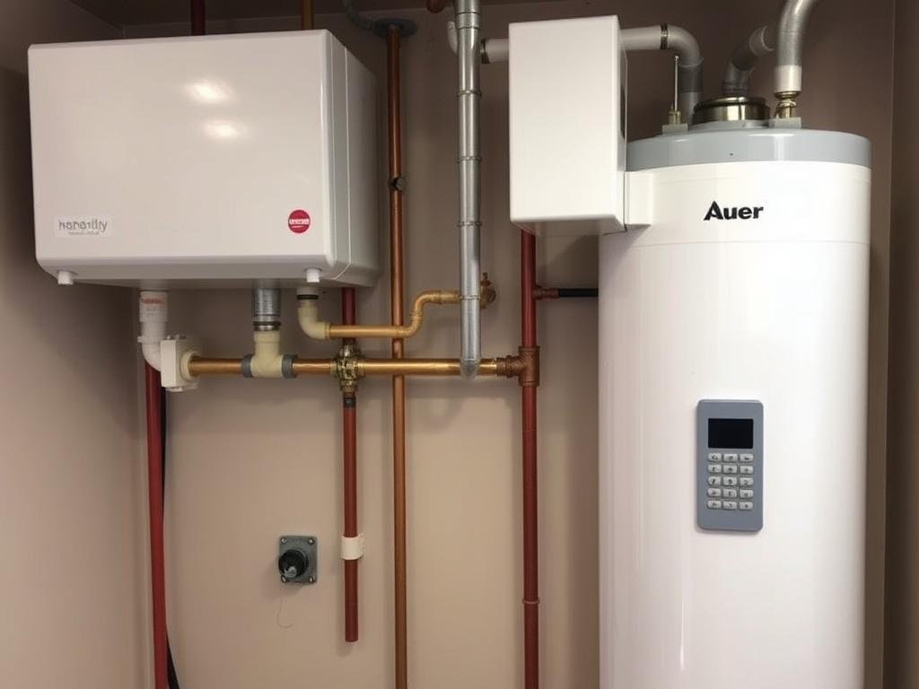 Chauffe-eau thermodynamique Auer installé dans un espace technique avec raccordements visibles
