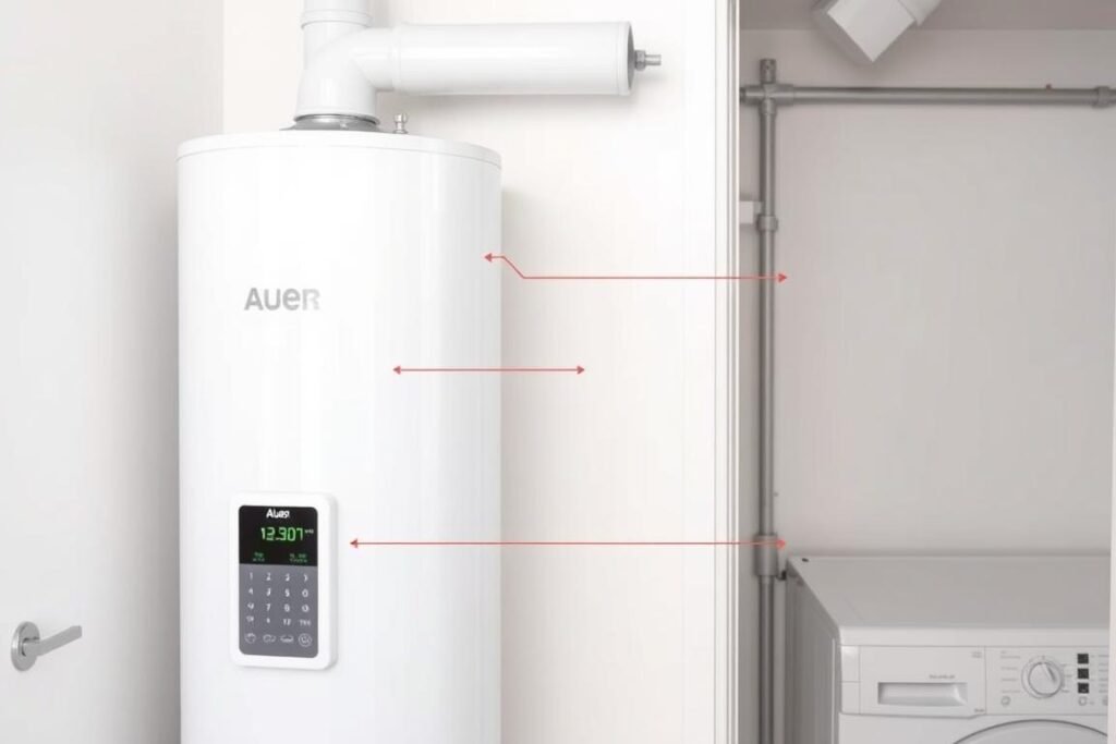 Chauffe-eau thermodynamique Edel Auer installé dans une buanderie avec panneau de contrôle visible