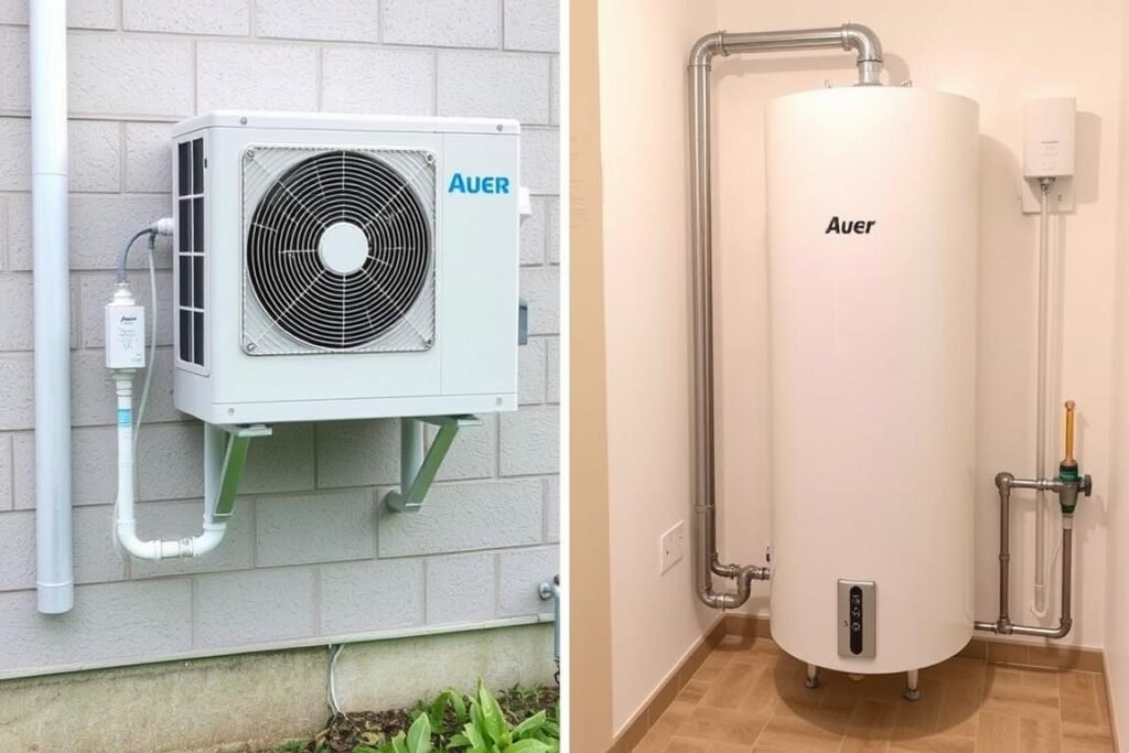 Chauffe-eau thermodynamique Edel Split Auer avec unité extérieure et ballon intérieur dans une installation domestique