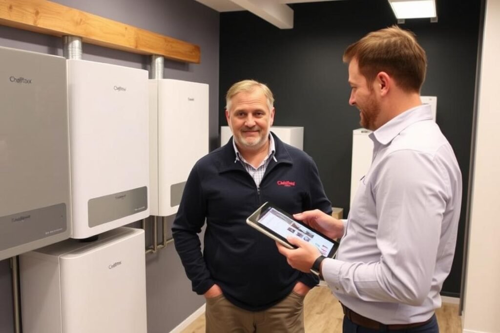 Client discutant avec un professionnel pour l'achat d'une chaudière Chaffoteaux