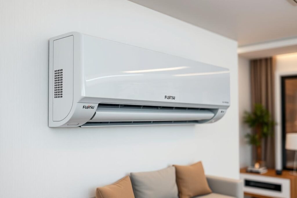Climatiseur mural Fujitsu ASYG-KMTA installé dans un salon moderne