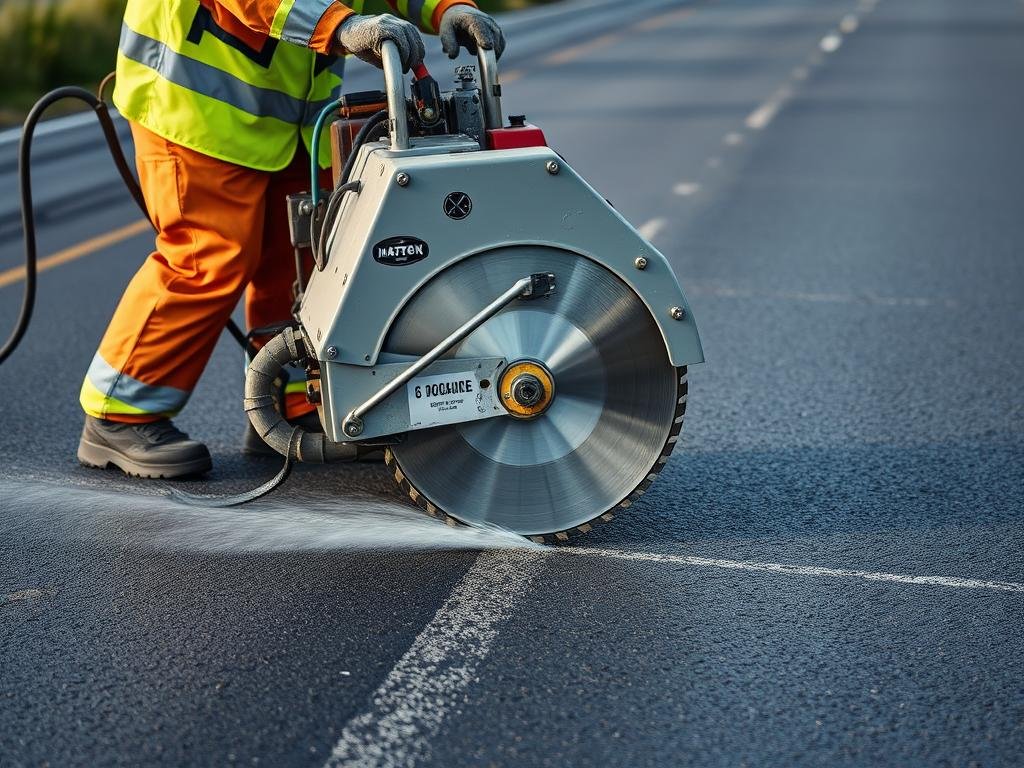 Découpe d'asphalte avec un disque diamant sur une route en rénovation