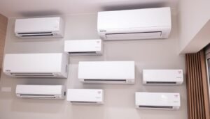 Différents modèles de climatisation Fujitsu installés dans un intérieur moderne