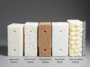 Échantillons de différents matériaux isolants avec leurs épaisseurs respectives pour atteindre une résistance thermique R=4,5