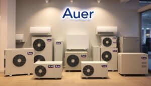 Gamme complète des modèles de pompe à chaleur Auer exposée dans un showroom avec logo de la marque française