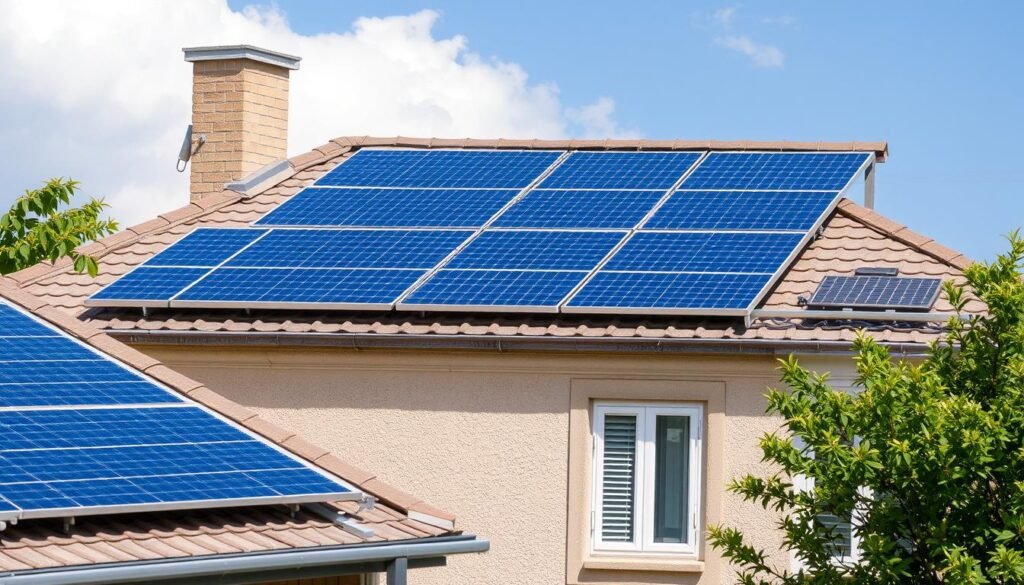 Installation mixte de panneaux solaires amorphes et cristallins sur un bâtiment Installation mixte de panneaux solaires amorphes et cristallins sur un bâtiment