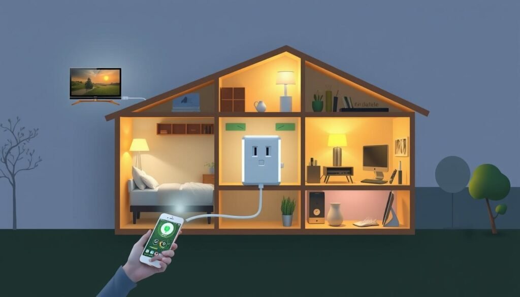 Maison intelligente avec plusieurs prises connectées intégrées dans différentes pièces