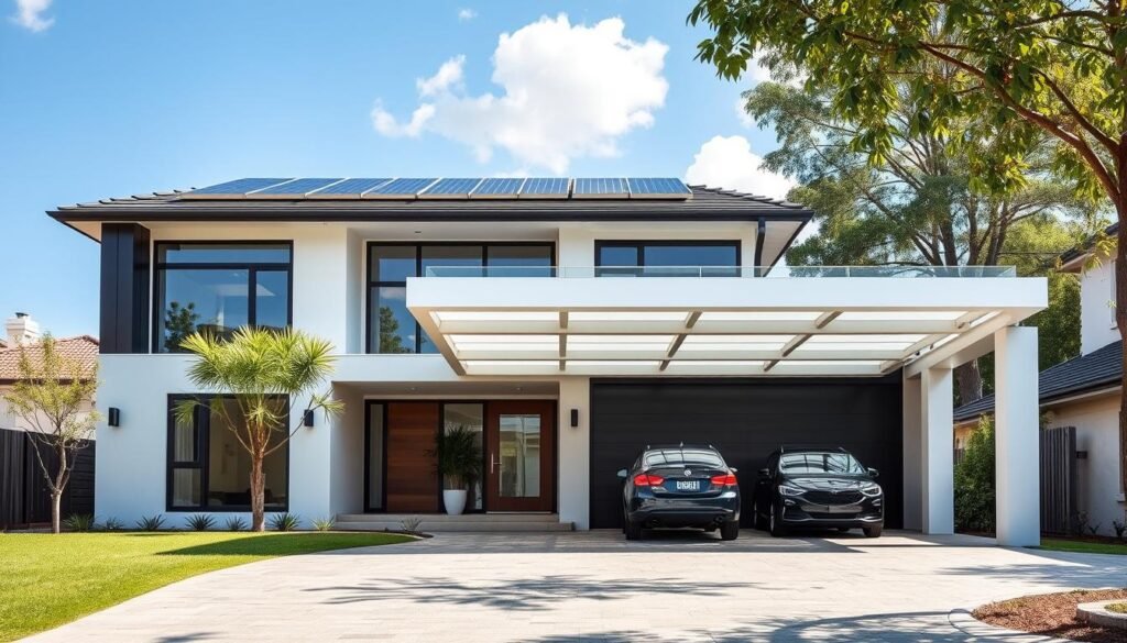 Maison moderne avec carport panneau solaire intégré harmonieusement
