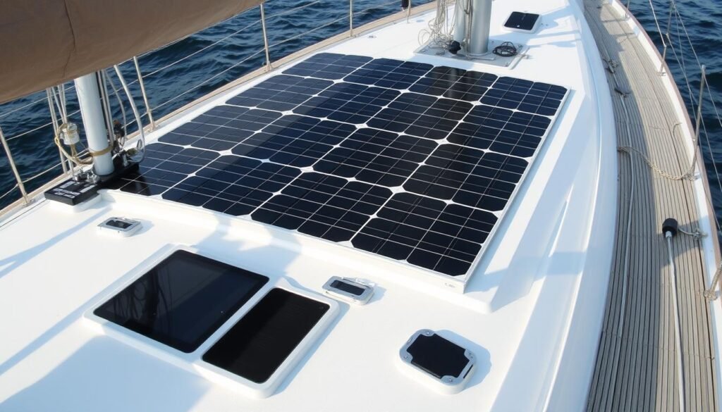 Panneau solaire amorphe installé sur un bateau Panneau solaire amorphe installé sur un bateau