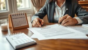 Personne rédigeant une lettre de résiliation contrat électricité à son bureau