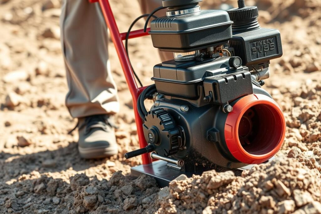 Pilonneuse à moteur 2 temps en action sur un chantier