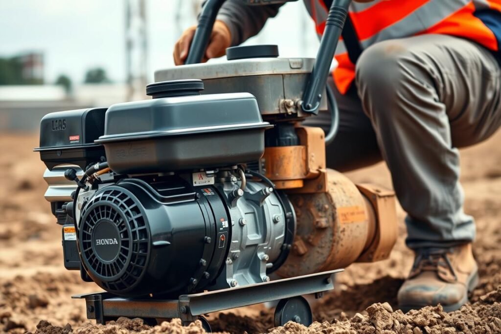 Pilonneuse à moteur 4 temps manipulée par un professionnel