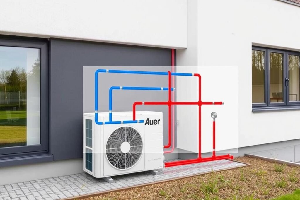 Pompe à chaleur Auer Extensa installée près d'une maison contemporaine avec visualisation du circuit de chauffage