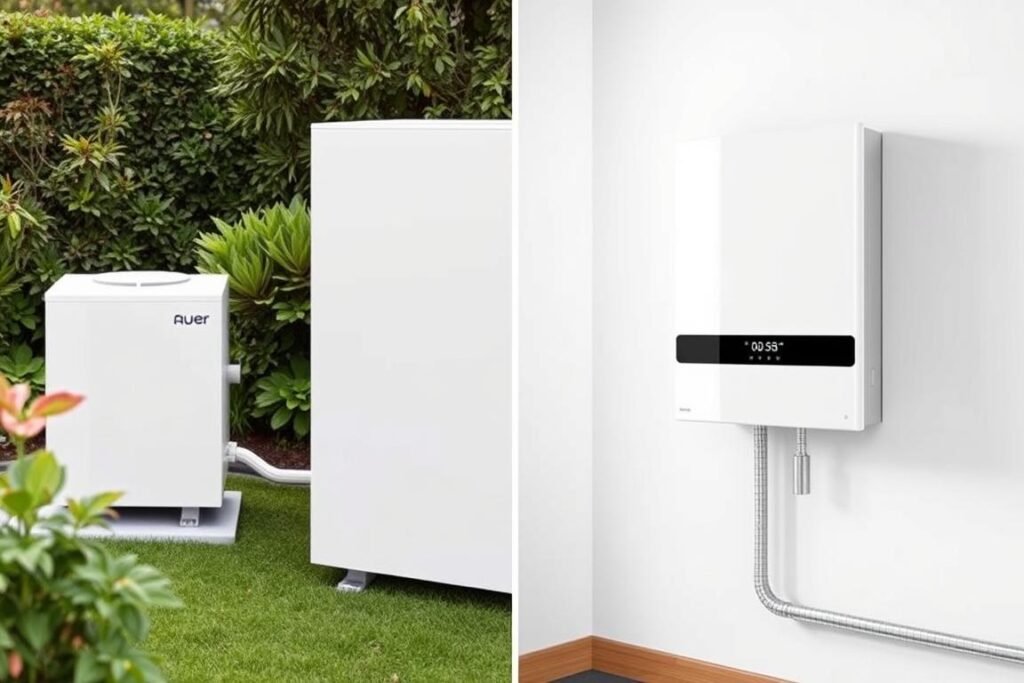 Pompe à chaleur Auer Loria avec son module hydraulique intérieur dans un salon moderne