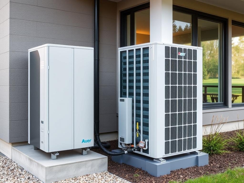 Pompe à chaleur air/eau Auer installée à l'extérieur d'une maison moderne avec unité intérieure visible