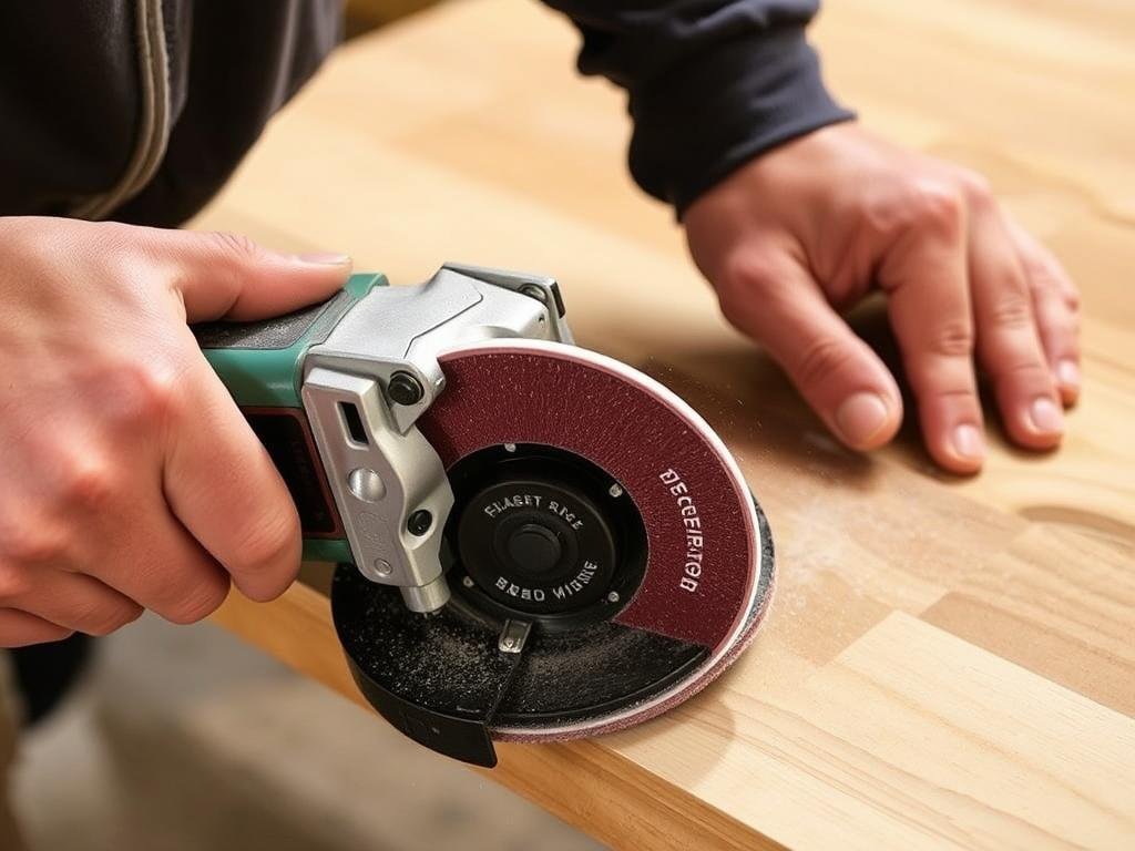 Ponçage du bois avec une tour meuleuse et un disque adapté Ponçage du bois avec une tour meuleuse et un disque adapté