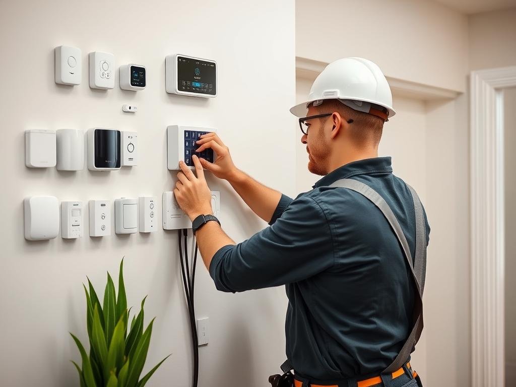 Professionnel réalisant une installation domotique