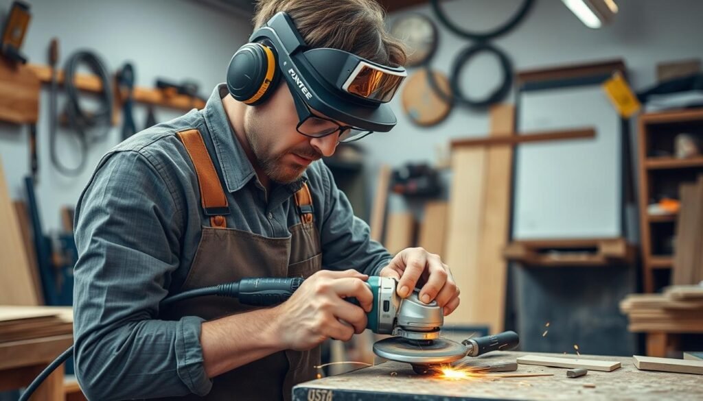 Professionnel utilisant une tour meuleuse dans un atelier Professionnel utilisant une tour meuleuse dans un atelier