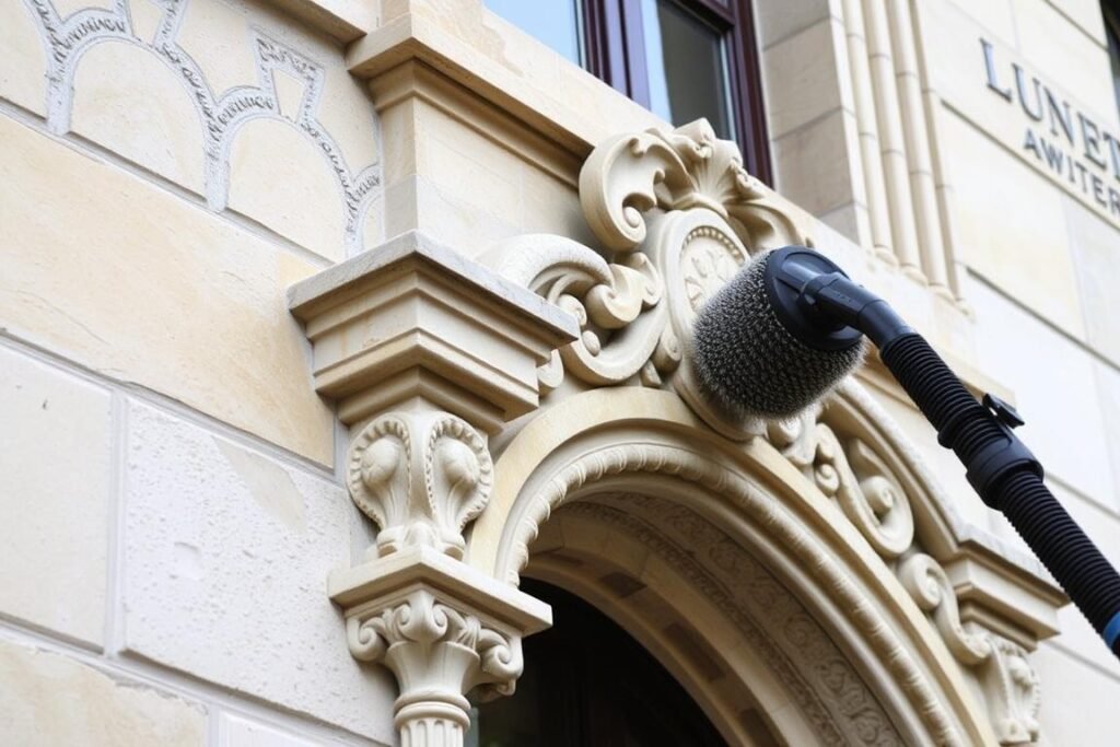 Restauration d'une façade en pierre avec une aérogommeuse professionnelle