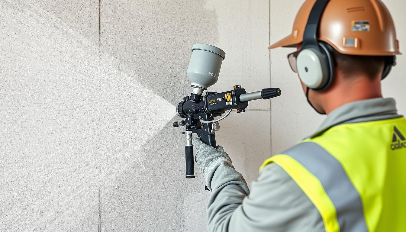 Sablon projecteur d'enduit en action sur un mur