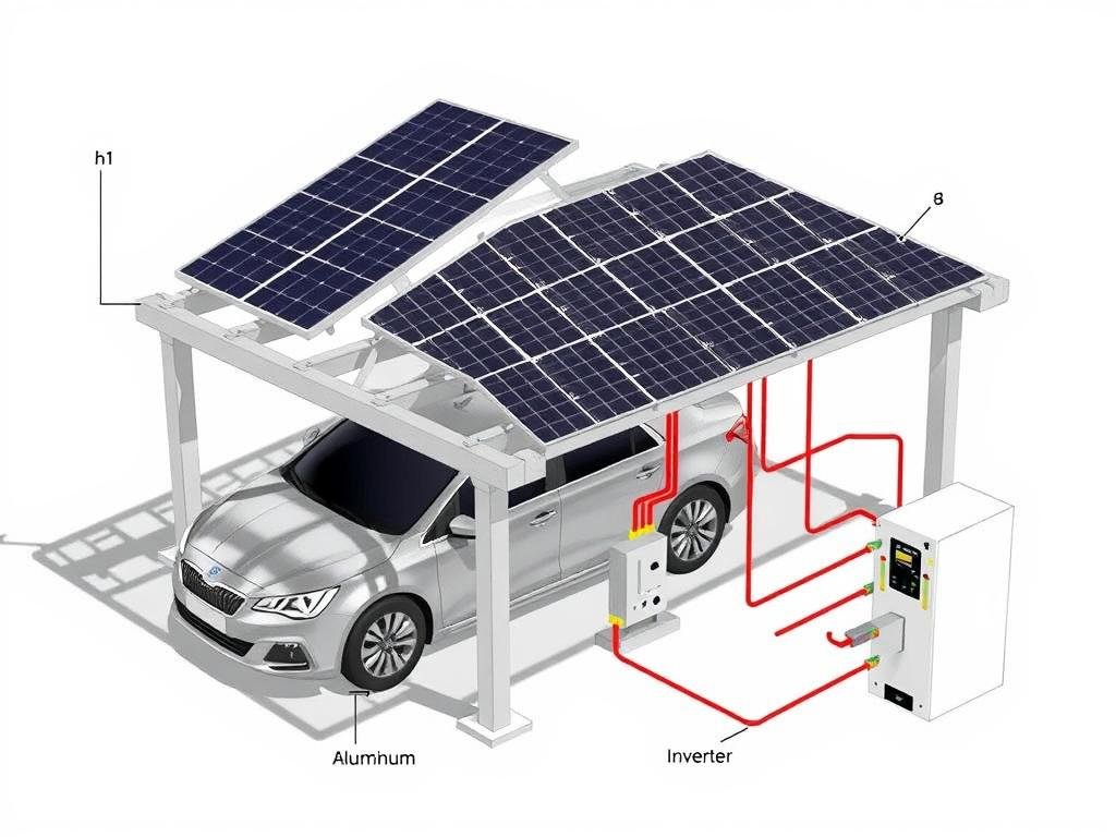 Schéma technique d'un carport panneau solaire montrant les composants principaux