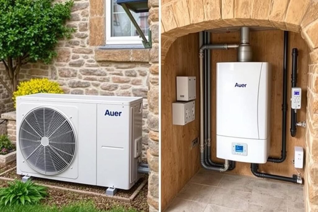 Système Hybrid Fioul DUO Auer avec unité extérieure et module intérieur installés dans une maison ancienne