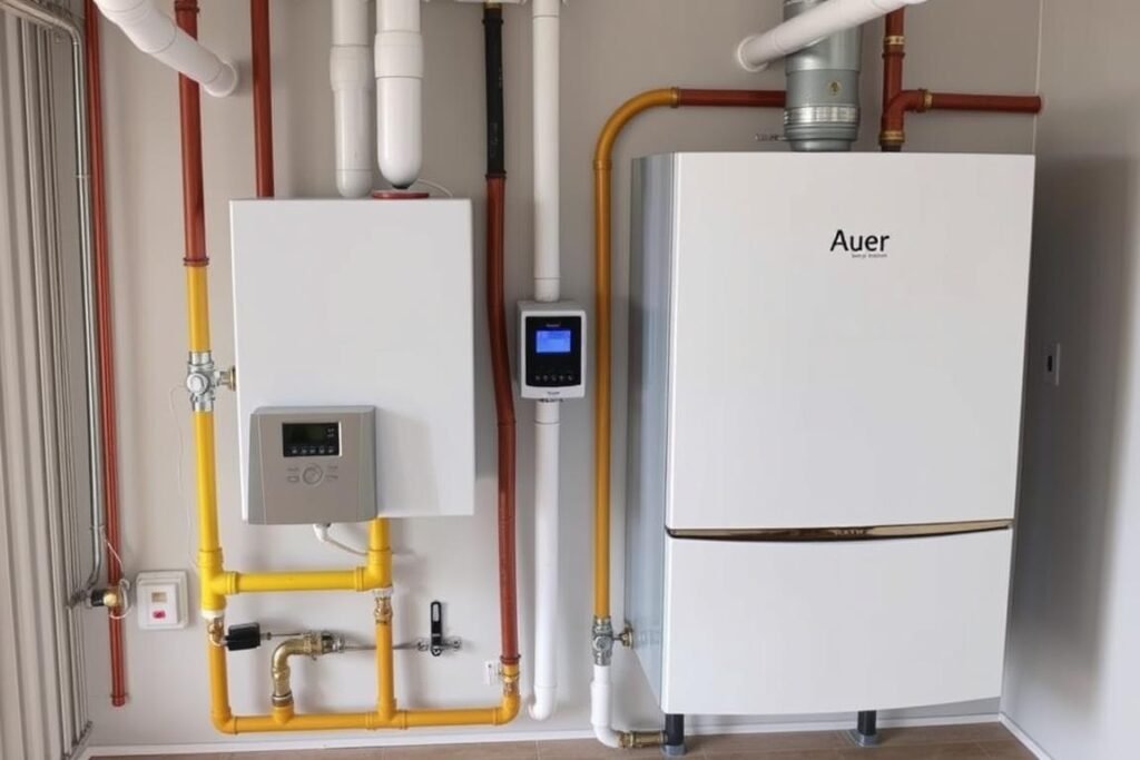 Système Hybrid Gaz DUO Auer installé dans une chaufferie domestique avec raccordements au réseau de gaz