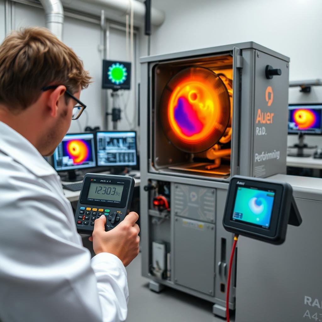 Technicien Auer effectuant des tests de performance sur un modèle de pompe à chaleur dans un laboratoire R&D