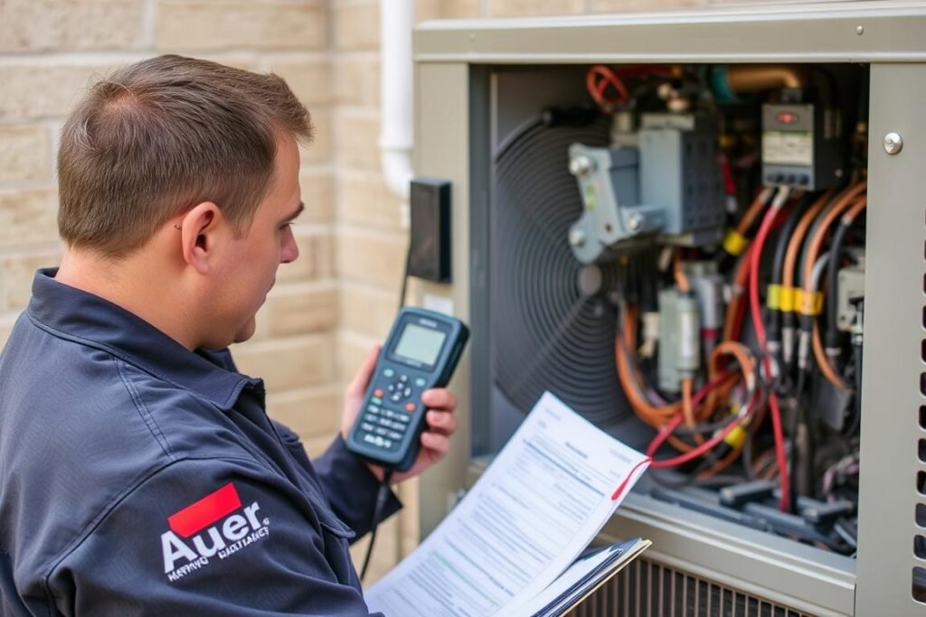 Technicien Auer effectuant la maintenance annuelle d'une pompe à chaleur avec équipement de diagnostic