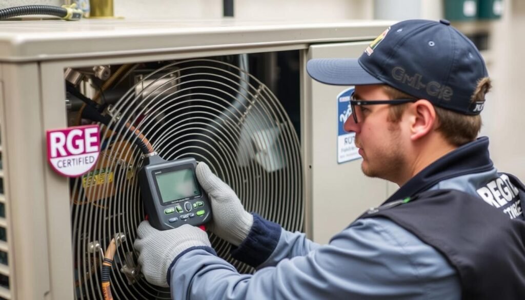Technicien certifié RGE effectuant l'entretien d'une pompe à chaleur