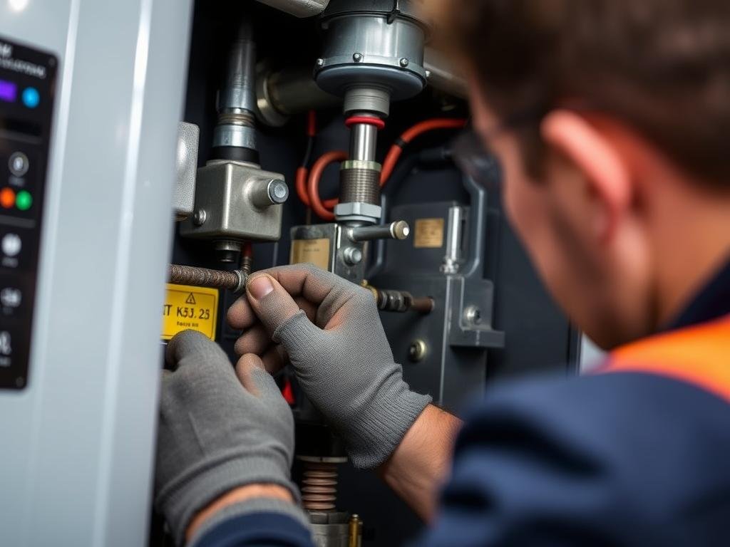 Technicien effectuant l'entretien annuel d'une chaudière Chaffoteaux