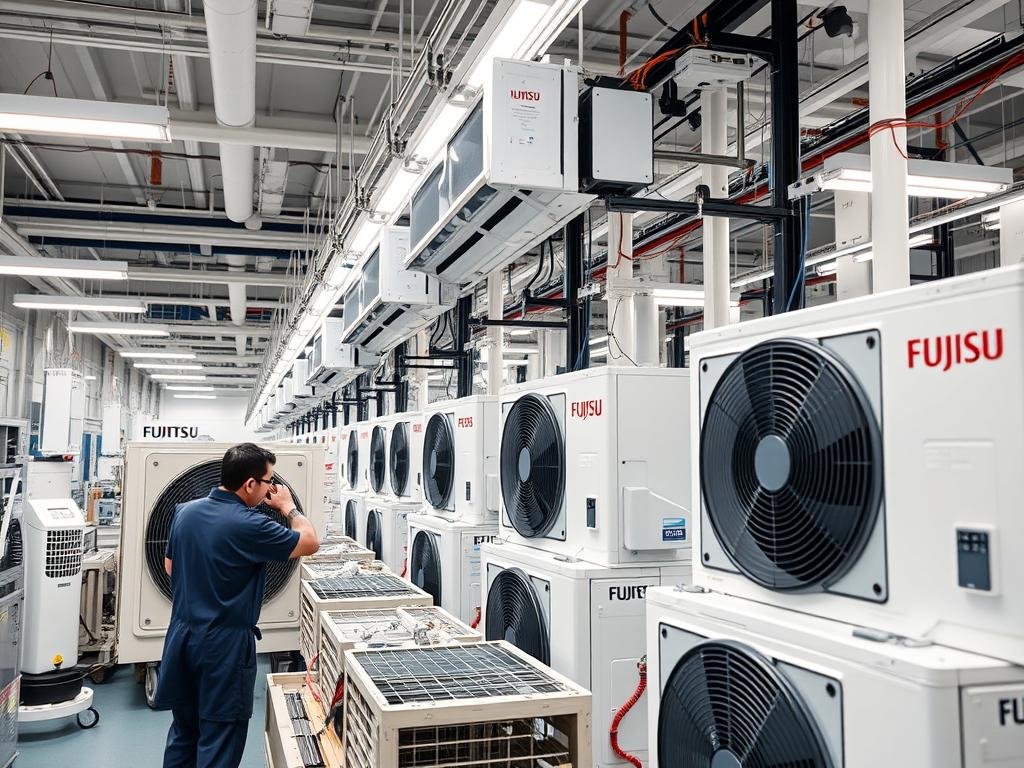 Usine de fabrication des climatiseurs Fujitsu montrant la ligne de production