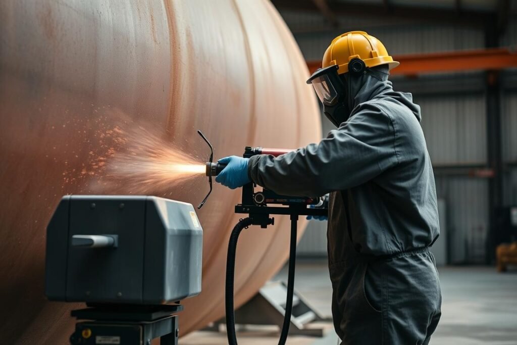 Utilisation d'une sableuse professionnelle sur une structure métallique