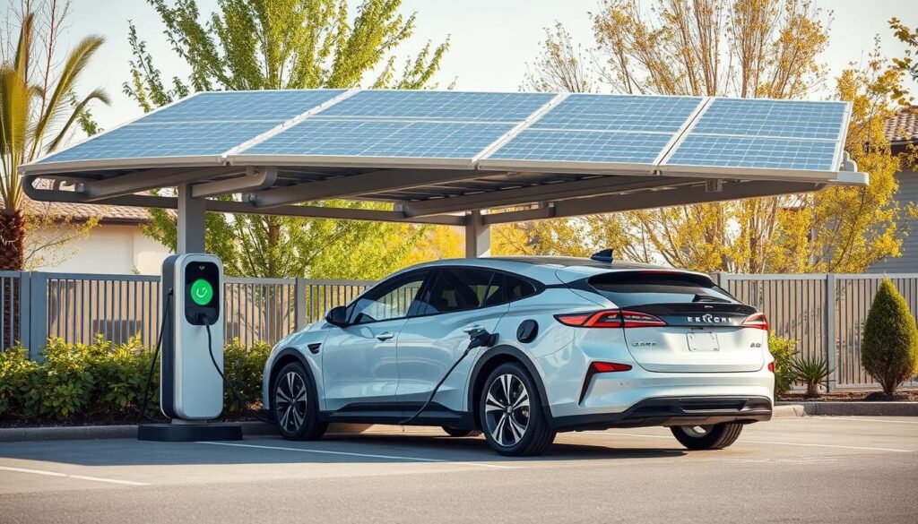Voiture électrique en charge sous un carport panneau solaire avec borne de recharge