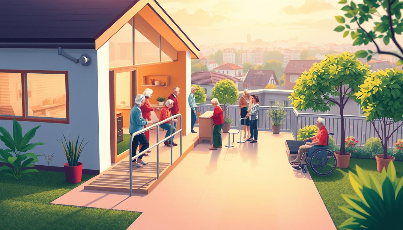 Illustration de personnes à l'extérieur d'une maison, mettant en avant l'adaptation des logements pour seniors et personnes handicapées