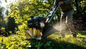 Débroussailleuse thermique multifonction en action