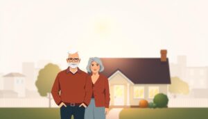Un couple âgé se tenant devant leur maison, symbolisant l'exonération de la taxe foncière.