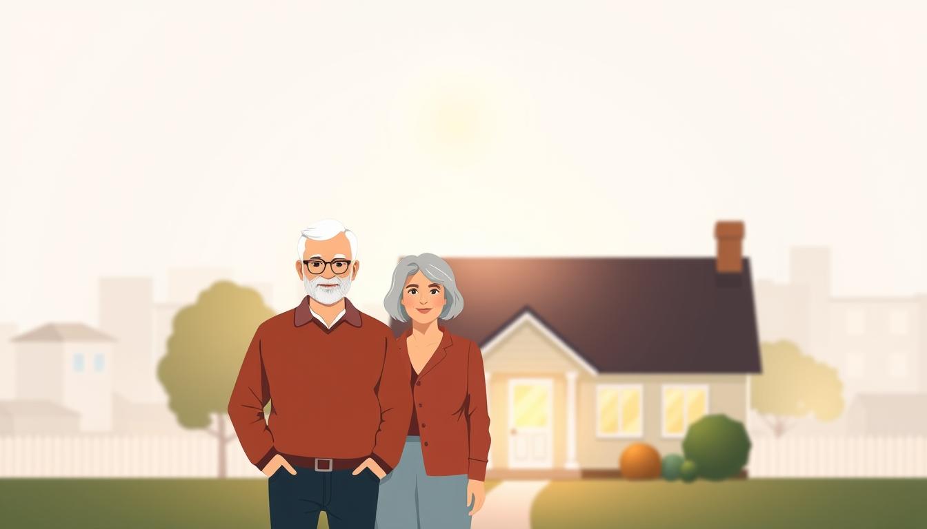 Un couple âgé se tenant devant leur maison, symbolisant l'exonération de la taxe foncière.