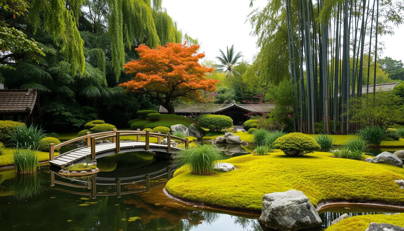 Jardin japonais extérieur avec végétaux traditionnels