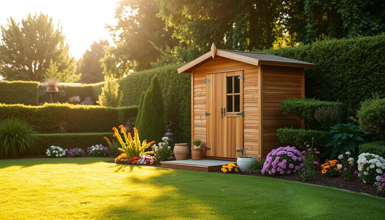 Abri de jardin en bois, de petite taille, entouré de plantes dans un jardin