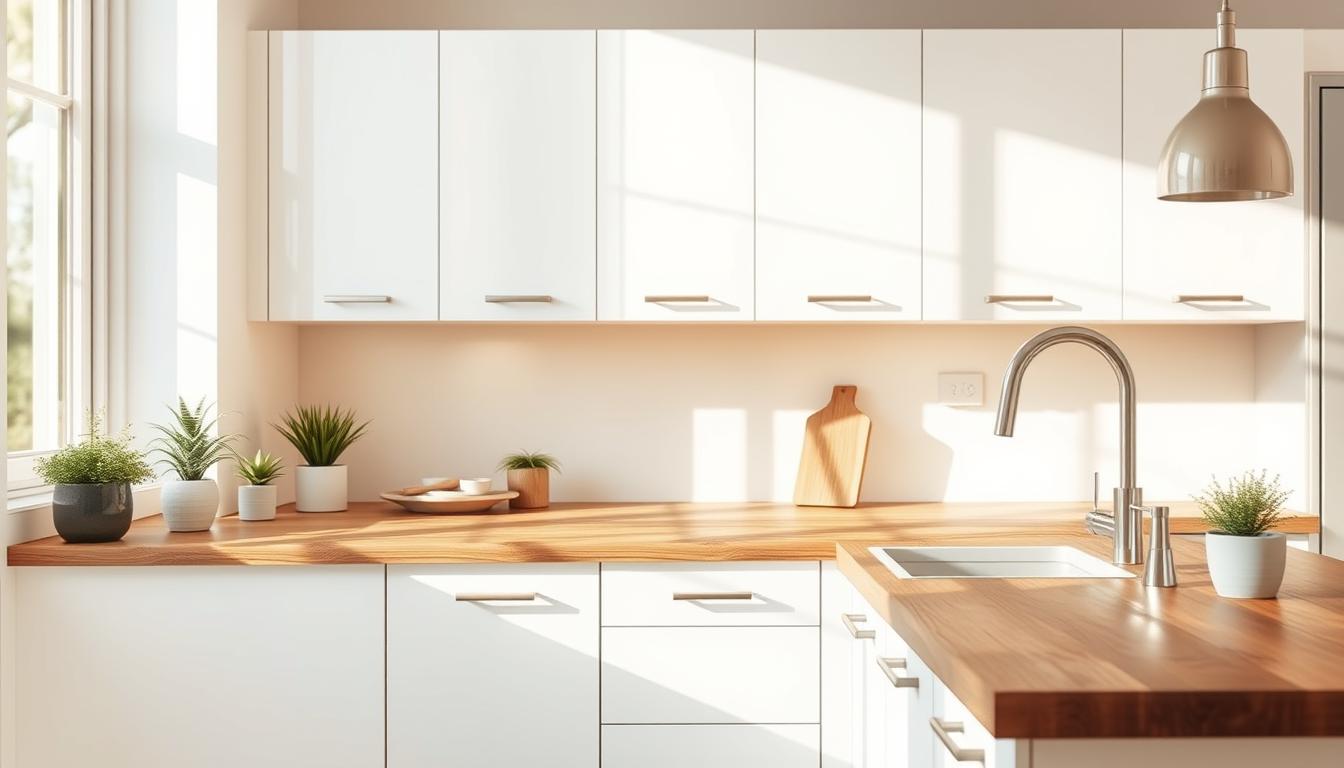 Cuisine blanche plan de travail bois