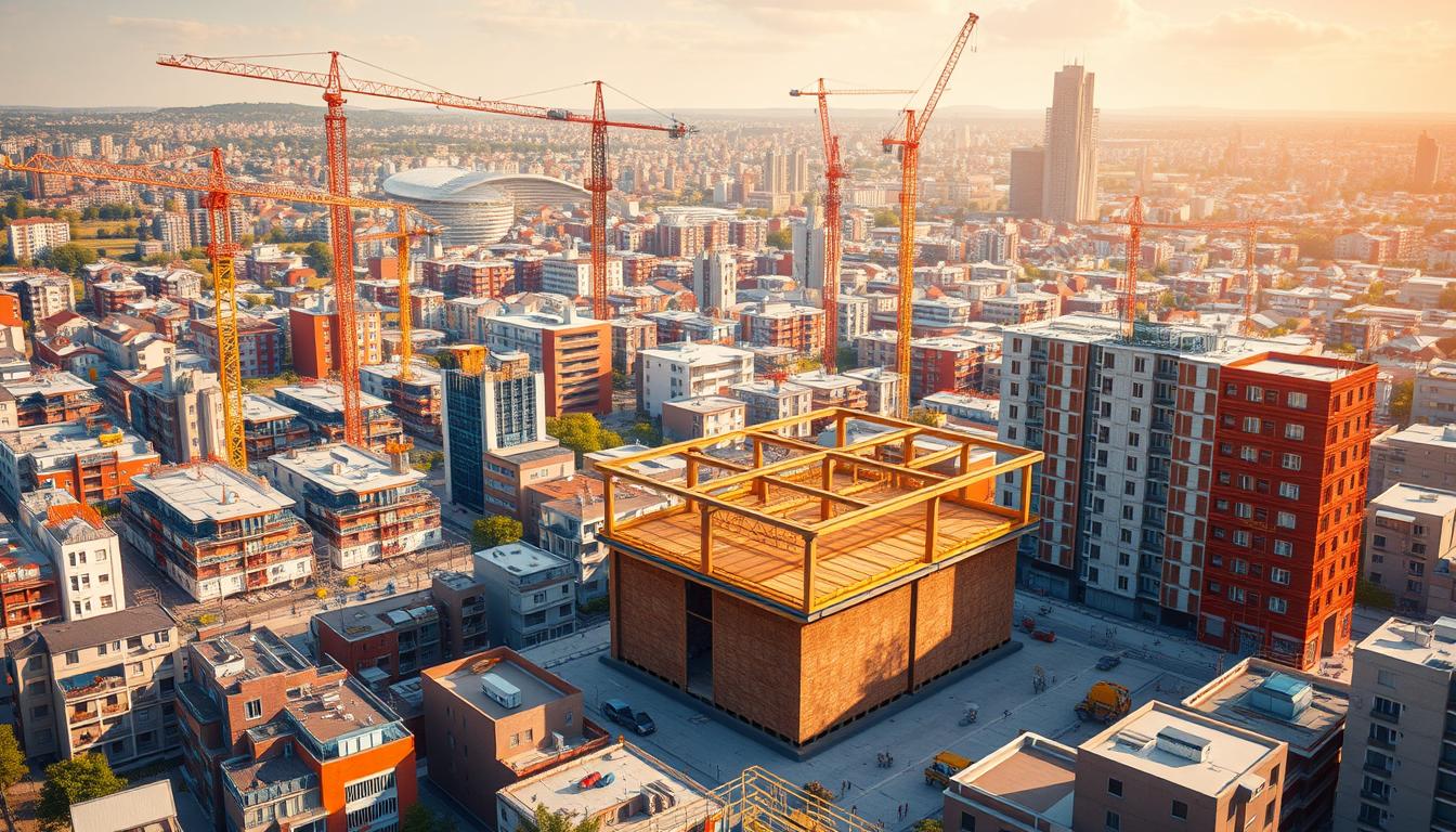 Grue de construction au milieu de la ville, entourée de bâtiments modernes et d'autres grues, représentant l'expansion urbaine