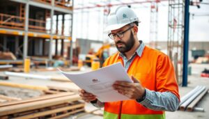 Artisan du bâtiment consultant un devis d'assurance décennale sur un chantier