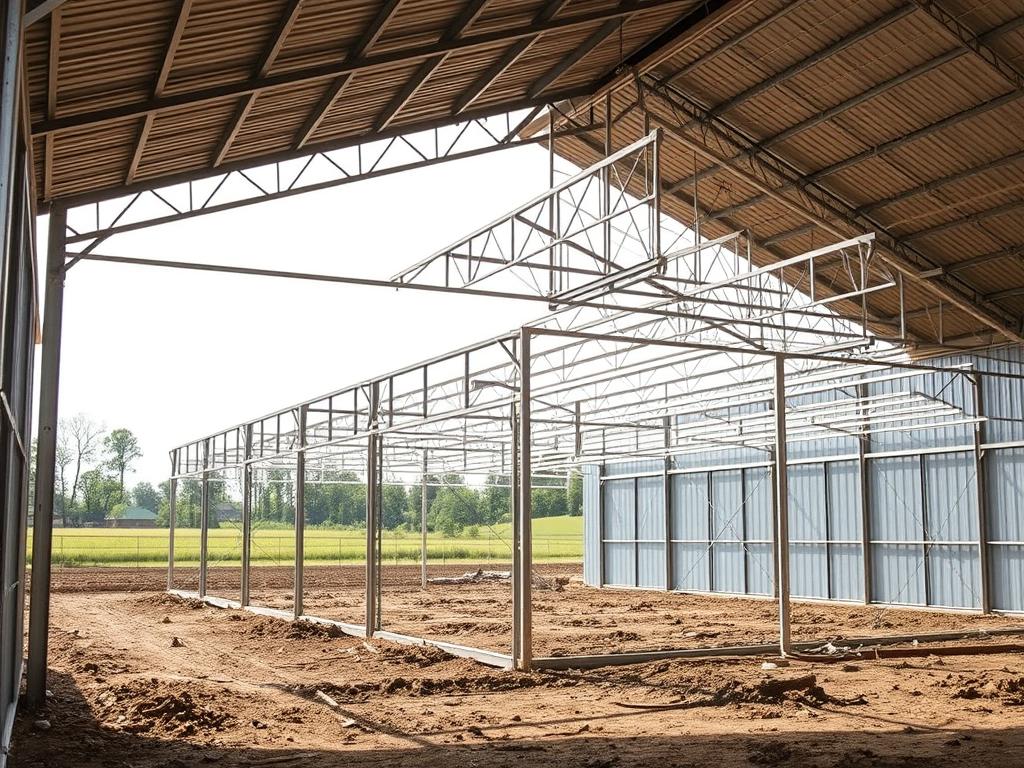 Charpente métallique agricole en cours d'installation sur un bâtiment d'élevage